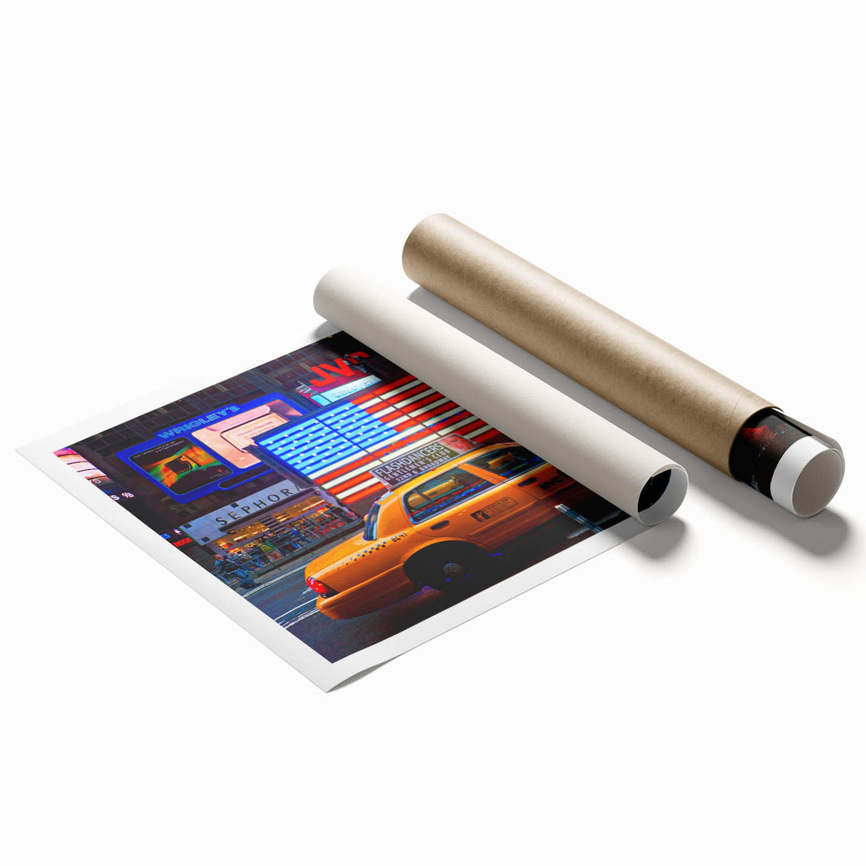 Extra large rolled print of Times Square with vibrant colors and busy urban scene, suitable for large living room wall art.