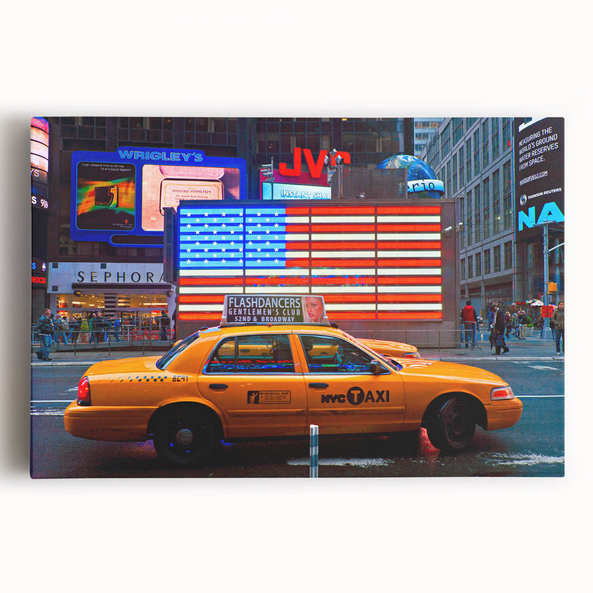 Black and white stretched canvas of Times Square, ideal for kitchen wall art.