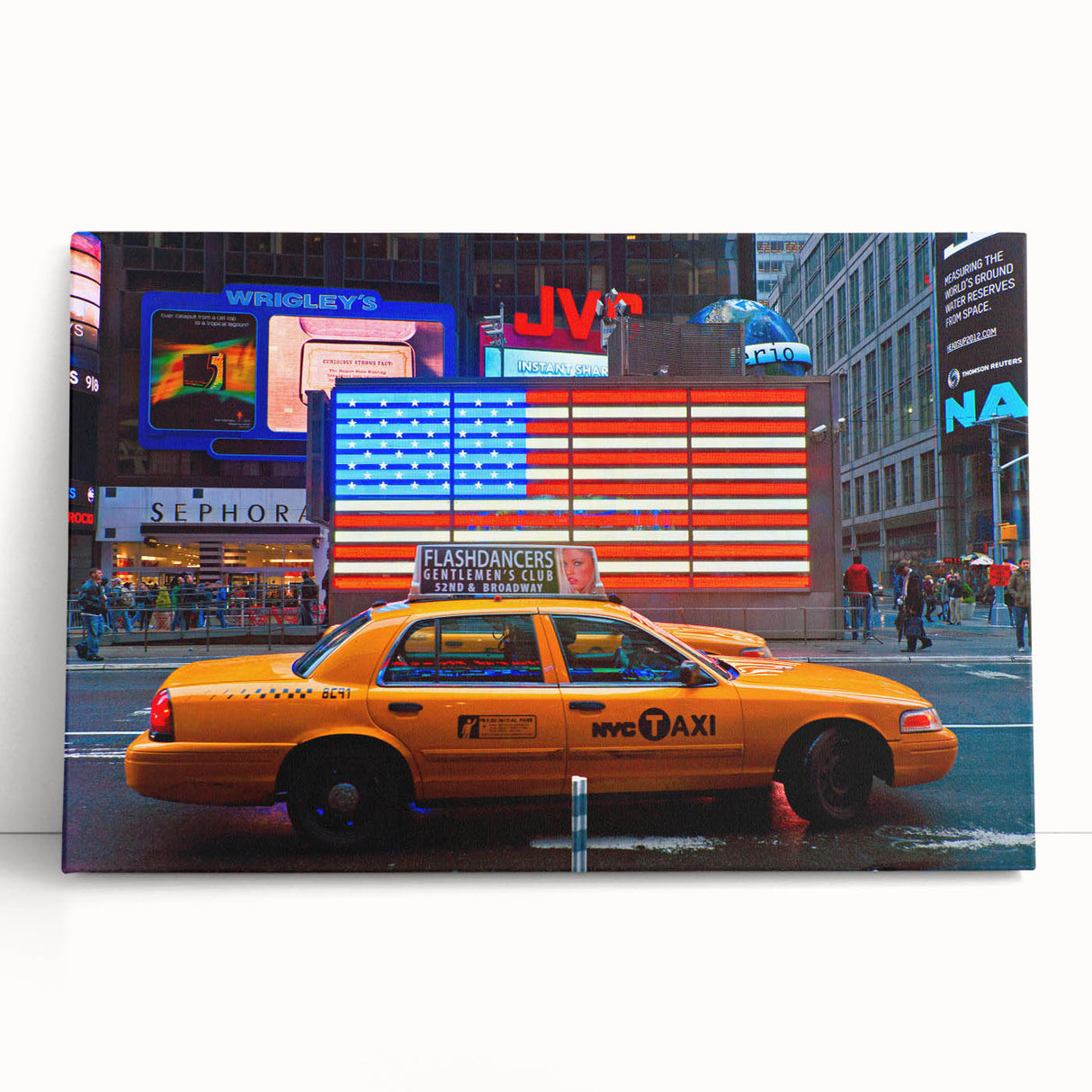 Black and white stretched canvas of Times Square, ideal for kitchen wall art or bedroom ambiance.