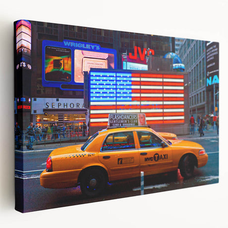 Times Square scene in vibrant colors on large stretched canvas, ideal for kitchen wall art.