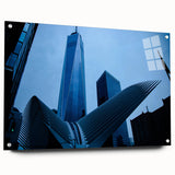 Acrylic print of New York City skyline in muted gray tones, ideal for modern bedroom or dining room decor.