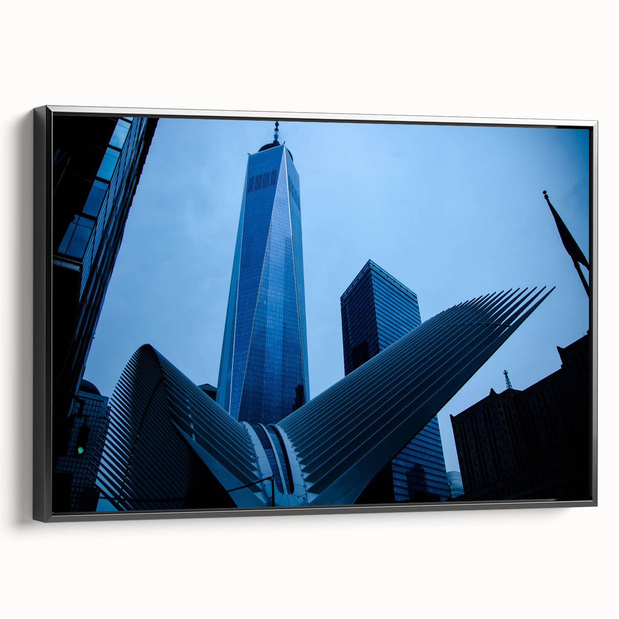 Black and white framed canvas of New York City skyline, featuring the Trade Center, in a vintage poster style.