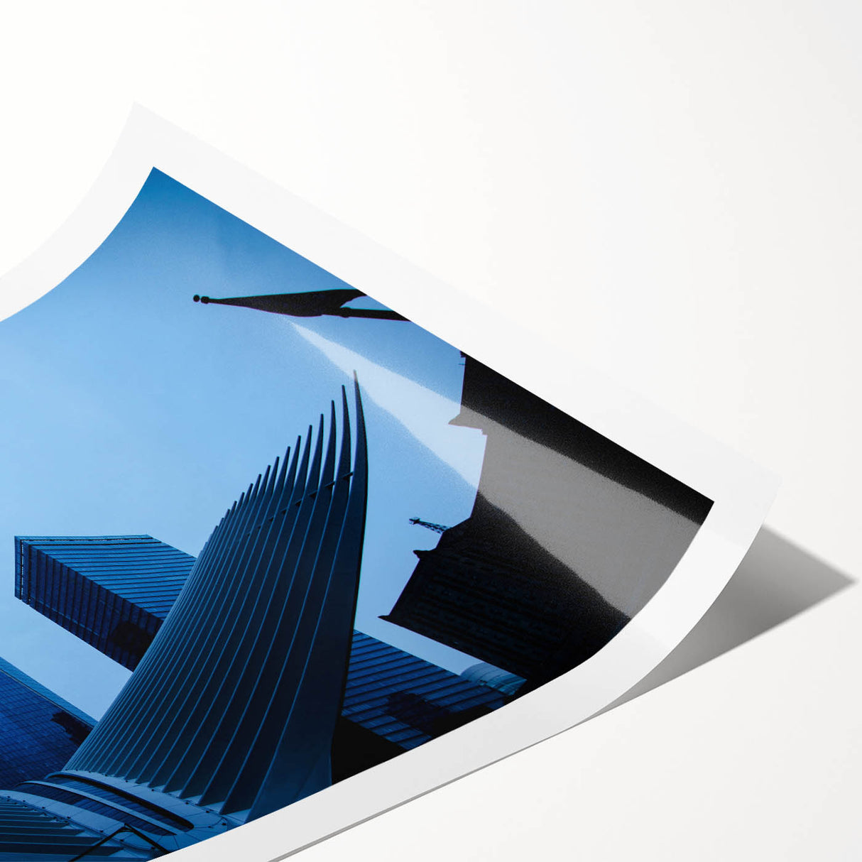 Extra large rolled print of New York City skyline with muted blue and gray tones, ideal for classy bathroom wall art.