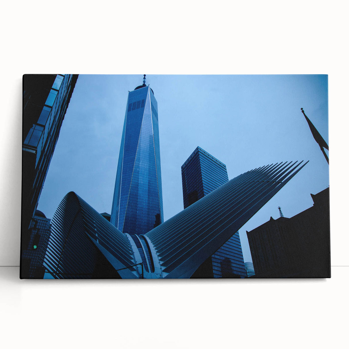 Black and white stretched canvas of NYC Trade Center, ideal for kitchen wall art or bedroom ambiance.