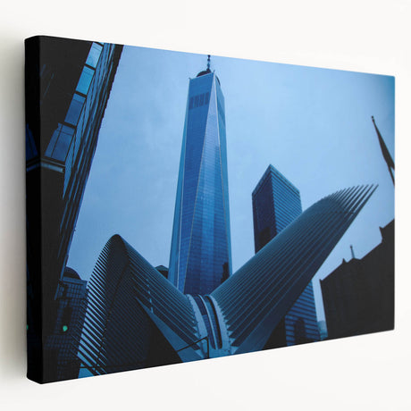 Side view of a large stretched canvas featuring a monochrome New York City skyline, ideal for kitchen wall art.