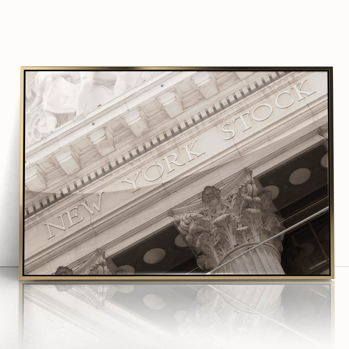 Framed acrylic print of Wall Street with muted gray and gold tones, in a mid-century modernist style.