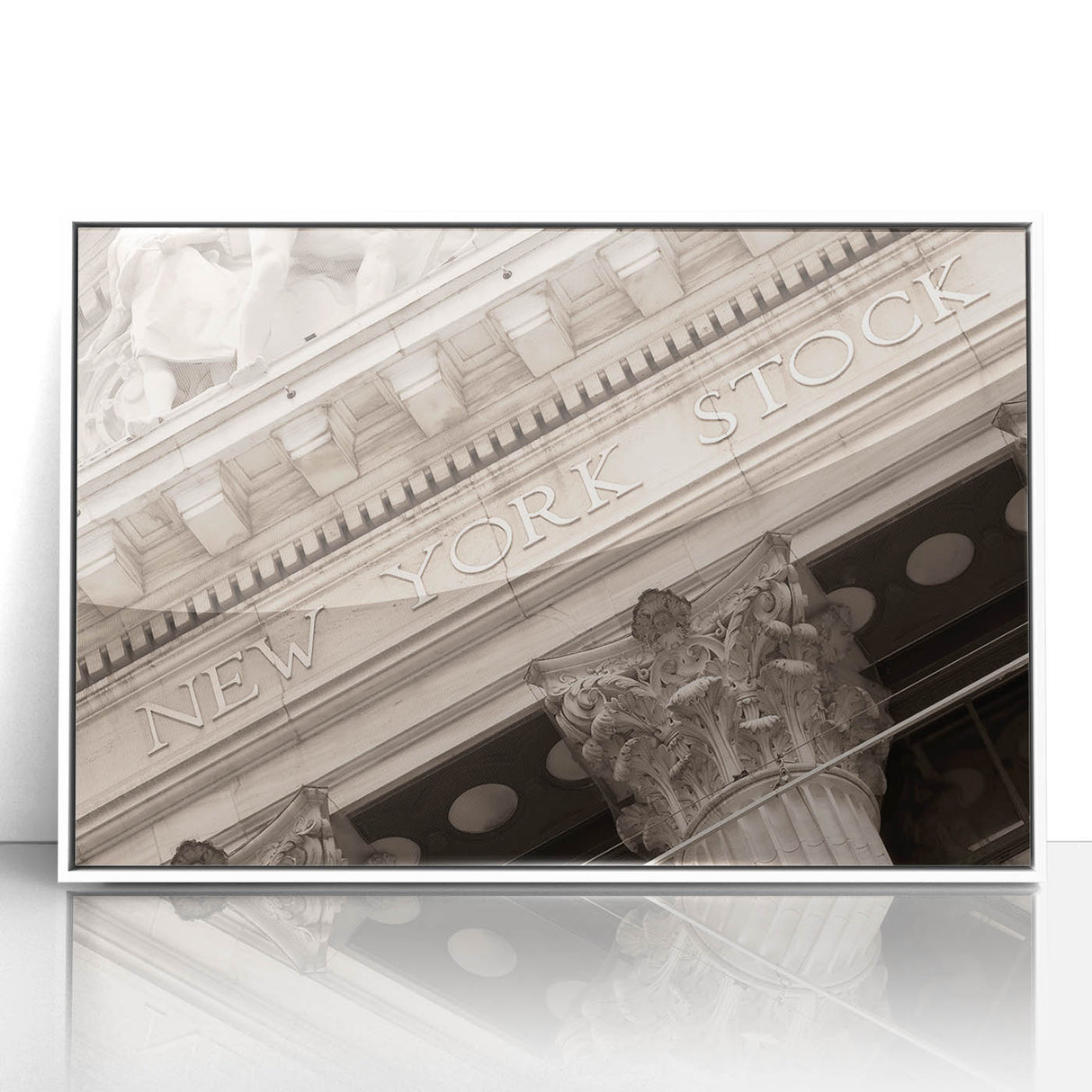 Art deco poster of Wall Street in muted gray and blue tones on framed acrylic, ideal for modern office decor.