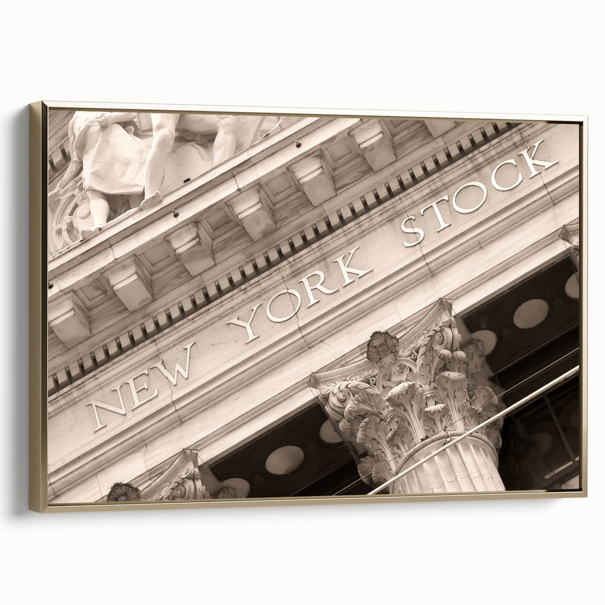 Framed canvas wall art depicting a vintage style New York City street scene in black and gold tones, ideal for bedroom decor.