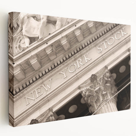 Wall Street scene in monochrome tones on stretched canvas, suited for kitchen wall art.