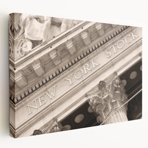 Wall Street scene in monochrome tones on stretched canvas, suited for kitchen wall art.