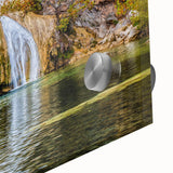 Large abstract wall art featuring vivid orange and red hues on acrylic glass, ideal for dining room ambiance.