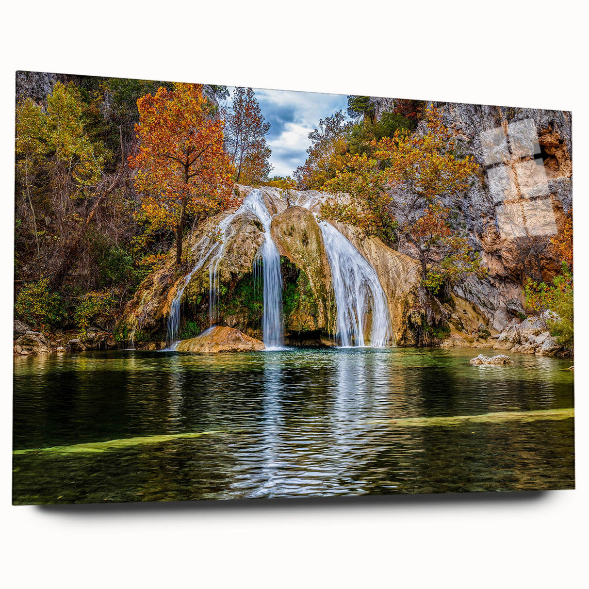 Large abstract wall art of Oklahoma scenery in muted earth tones on acrylic glass, ideal for bedroom or dining room decor.