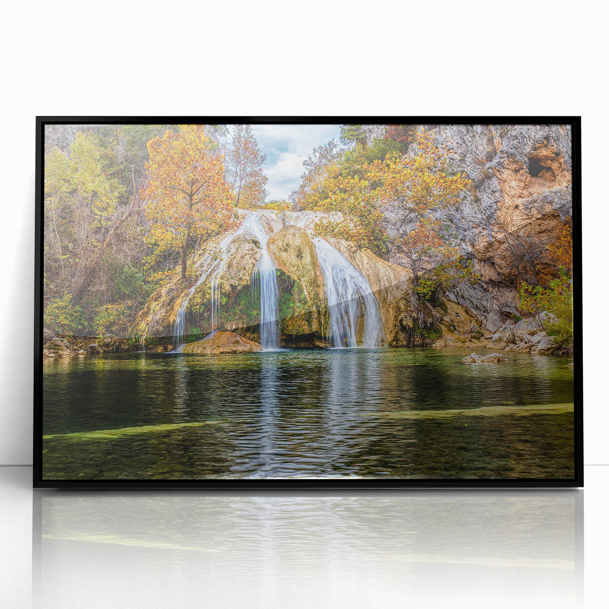 Large abstract wall art depicting vibrant orange and blue Oklahoma scenery on a black framed acrylic.