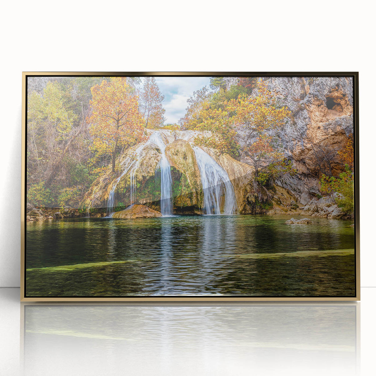 Mid-century modernist style Oklahoma scenery on large acrylic print, framed in gold, ideal for modern art wall decor.