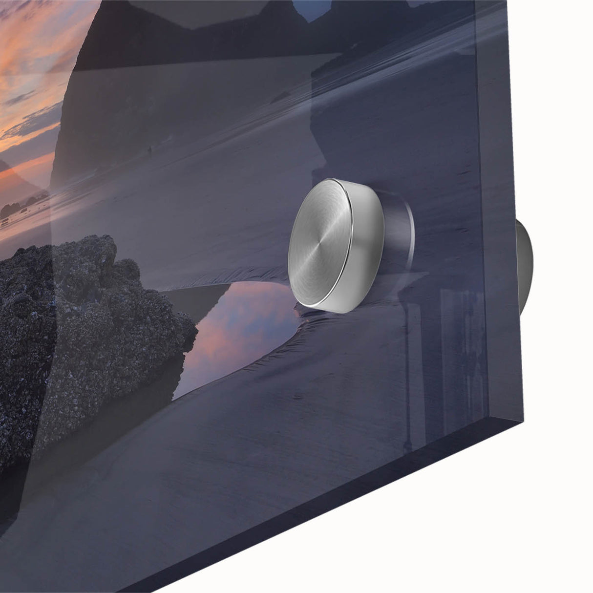 Mid-century modernist style depiction of Oregon's Cannon Beach on large acrylic glass, featuring muted earth tones.