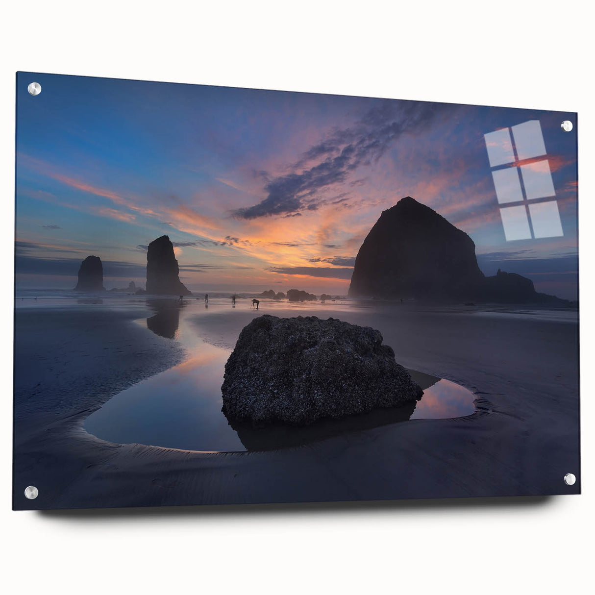 Acrylic print of Cannon Beach, Oregon, in muted gray and blue tones, ideal for bedroom or dining room decor.