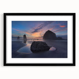 Extra large framed print of abstract Cannon Beach scenery in vibrant, colorful hues, ideal for living room decor.