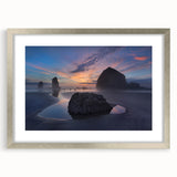 Textured art print of Cannon Beach, Oregon, featuring abstract sandy hues on a silver-framed mat, ideal for bedroom art.