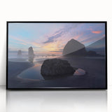 Large abstract wall art depicting Cannon Beach, Oregon in muted earth tones on a framed acrylic.