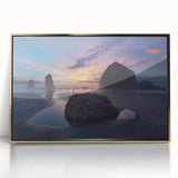 Framed acrylic print of Cannon Beach with soft gray and blue tones, ideal for modern art wall decor.