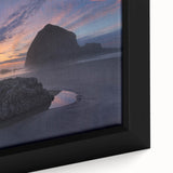 Extra large framed canvas featuring a textured depiction of Cannon Beach, Oregon, with a black and colorful art style.