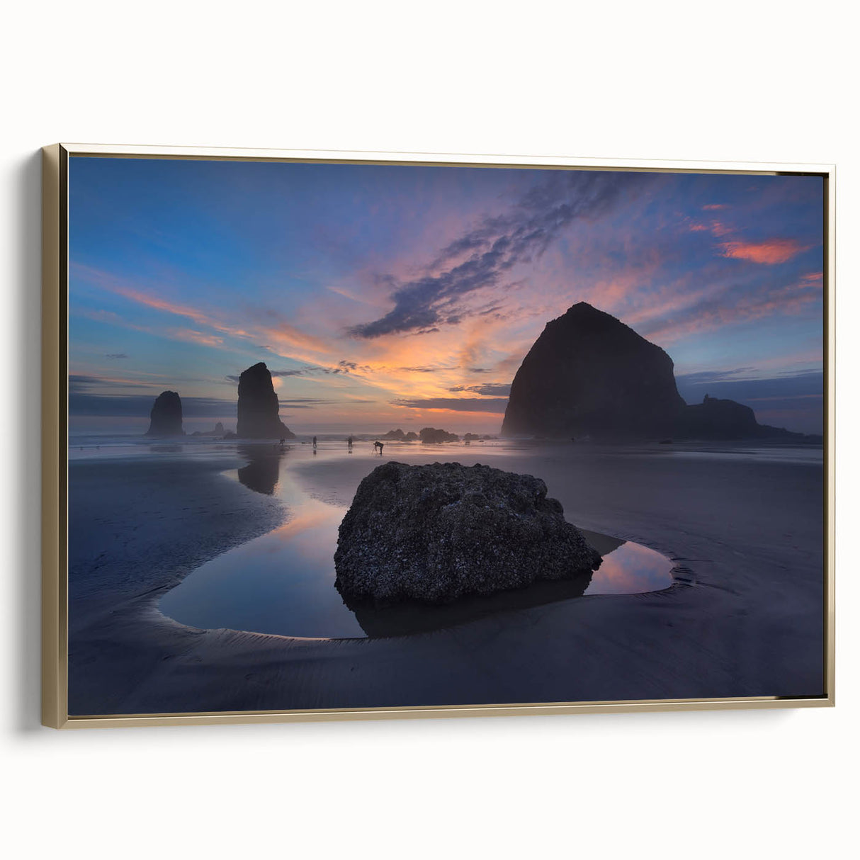 Framed canvas of Cannon Beach, Oregon, with muted gray and black tones, ideal for bedroom wall art.