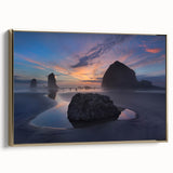 Framed canvas of Cannon Beach, Oregon, with muted gray and black tones, ideal for bedroom wall art.