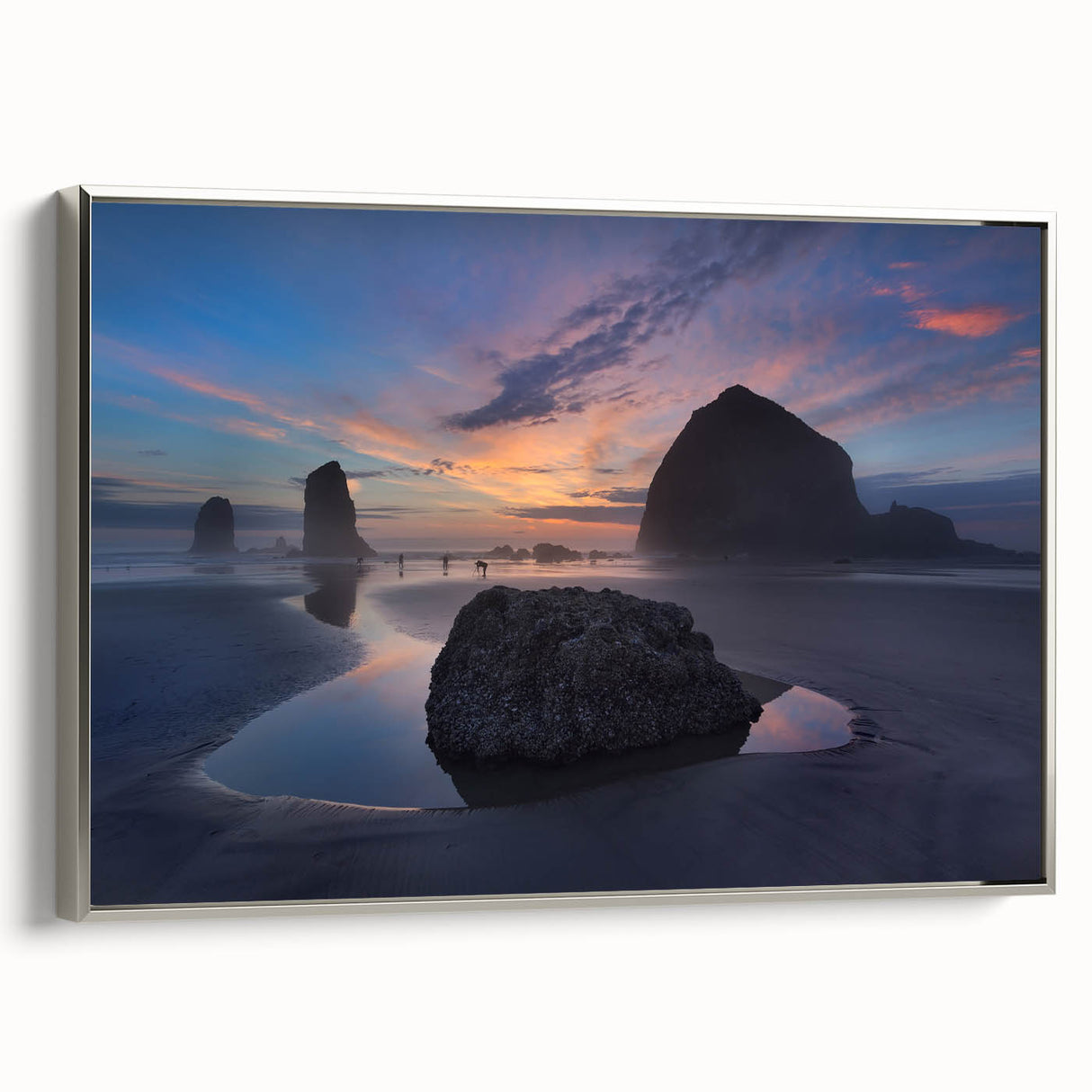 Framed canvas landscape art painting of Cannon Beach, Oregon, with muted earthy tones and vintage poster style.