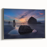 Framed canvas landscape art painting of Cannon Beach, Oregon, with muted earthy tones and vintage poster style.