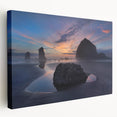 Large canvas print of Cannon Beach, Oregon with soft blue and gray tones, suitable for kitchen wall art.