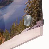 Mid-century modernist style large art print of Crater Lake, Oregon, in vibrant blue tones on acrylic glass.