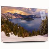 Acrylic print of Crater Lake, Oregon, with vivid blue and green tones, ideal for bedroom or dining room decor.