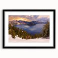 Extra large framed art print of Crater Lake in vibrant blues and greens, textured style, ideal for living room decor.