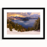 Extra large framed art print of Crater Lake in vibrant blues and greens, textured style, ideal for living room decor.