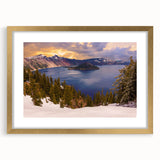 Extra large wall art of Crater Lake, Oregon, in textured abstract style with a gold frame, ideal for living room decor.