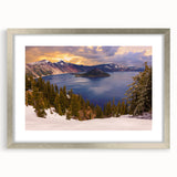 Textured art print of Crater Lake, Oregon, in abstract style with cool blue and white tones on a silver-framed mat.