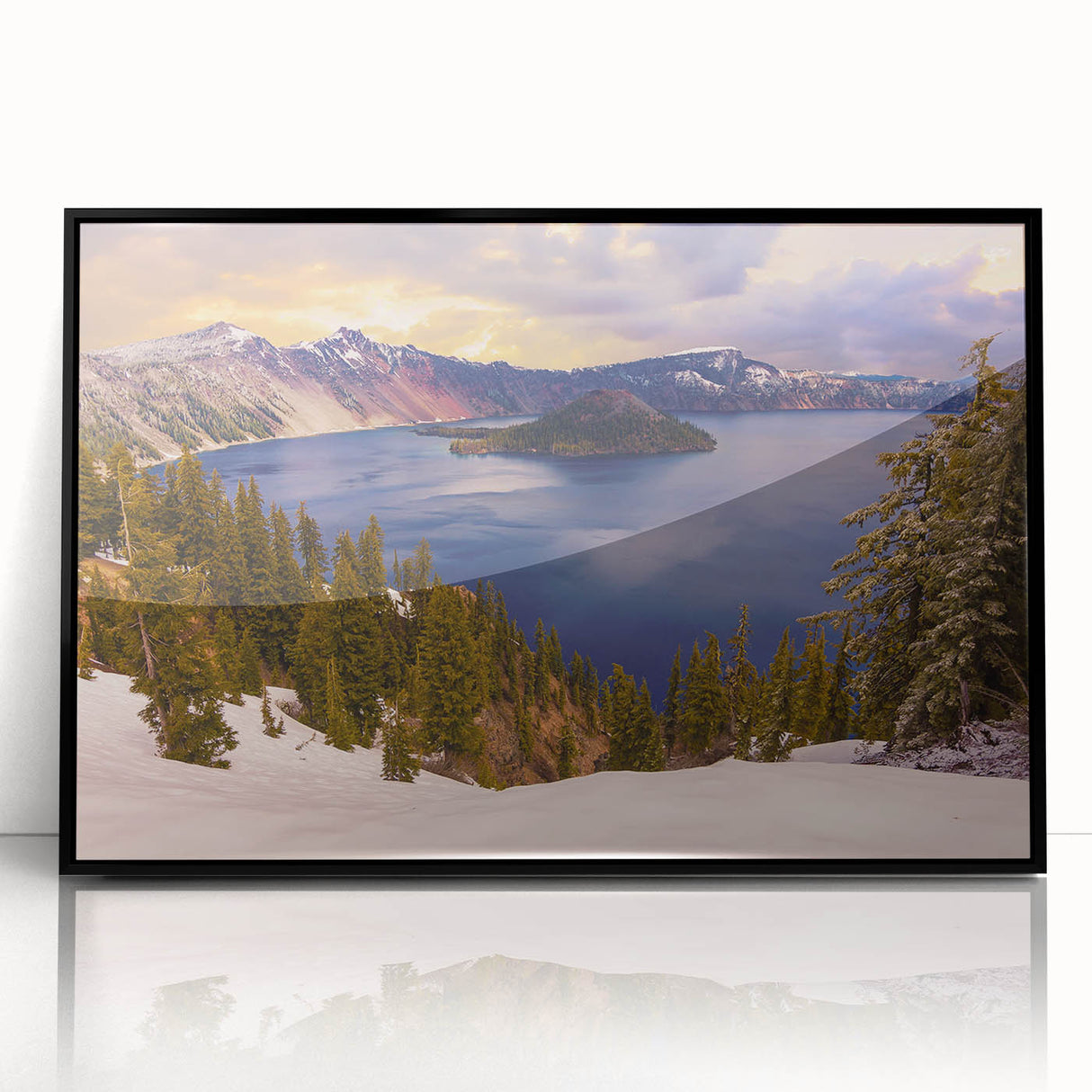 Large abstract wall art depicting Crater Lake, Oregon in muted blue and green tones on a framed acrylic.