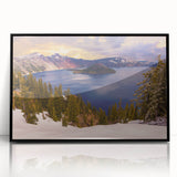 Large abstract wall art depicting Crater Lake, Oregon in muted blue and green tones on a framed acrylic.