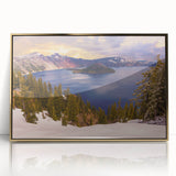 Large art print of Crater Lake, Oregon, in muted blue tones on a framed acrylic, ideal for modern art wall decor.