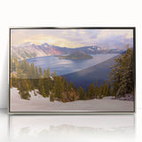 Mid-century modernist art of Crater Lake, Oregon in muted blue and green tones on a framed acrylic.