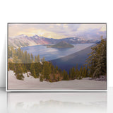 Acrylic print of Crater Lake, Oregon, with deep blue and green tones in a white frame, suited for modern art wall decor.