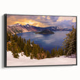 Black and white framed canvas of Crater Lake, Oregon, in a vintage style, ideal for bedroom wall decor.