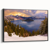 Black and white framed canvas of Crater Lake, Oregon, in a vintage style, ideal for bedroom wall decor.