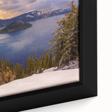 Extra large framed canvas of Crater Lake in Oregon, featuring a textured black foreground and vibrant blue water.