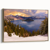 Framed canvas depicting Crater Lake, Oregon, in muted blue and green tones, ideal for bedroom wall art.