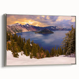 Framed canvas landscape art painting of Crater Lake, Oregon, with vibrant blue waters and forested shores.