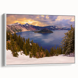 Vintage poster art of Crater Lake in vibrant blue and green tones on a large white-framed canvas.