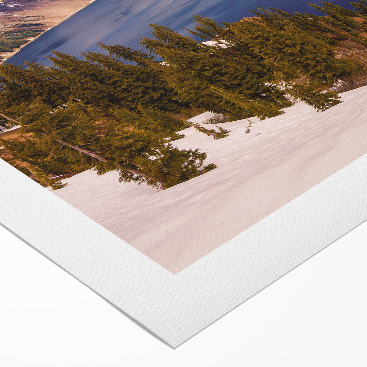 Art deco poster of Crater Lake, Oregon in muted blue tones on rolled canvas, suitable for dining room wall art.