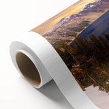 Art deco poster of Crater Lake, Oregon, in muted blue tones on rolled canvas, ideal for nursery wall art.