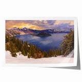 Crater Lake, Oregon landscape on a rolled canvas print featuring serene blue and green tones.